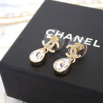Chanel CC Drop Swing Earrings Metal Crystal Gold CC Logo