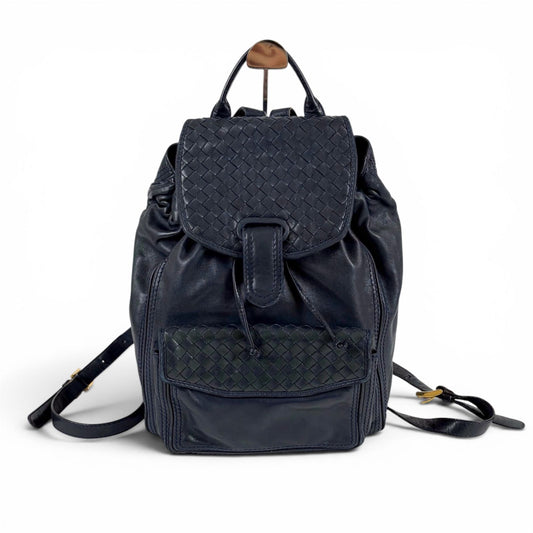 Bottega Veneta Drawstring Backpack Intrecciato Leather Navy