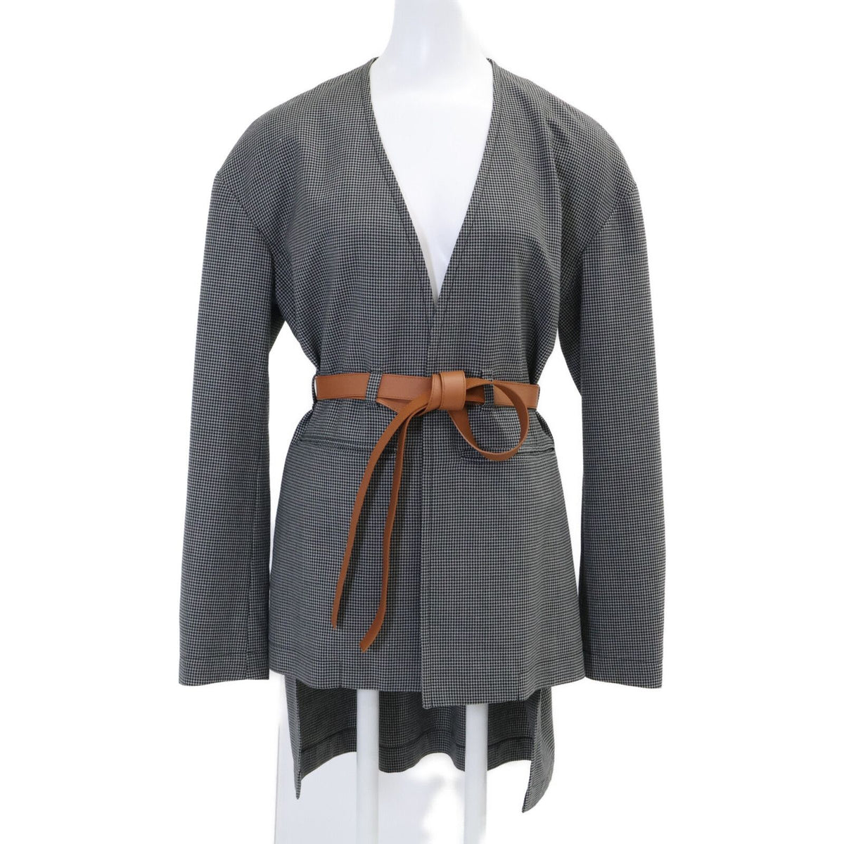 Loewe Gray Wool Houndstooth Pattern Belt Collarless Jacket 32