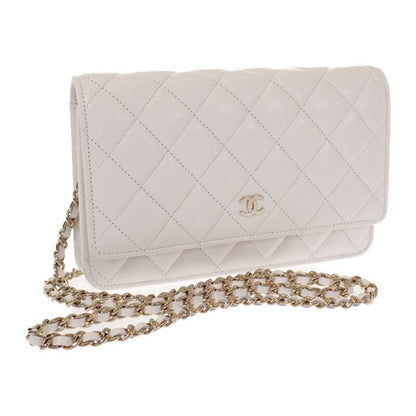 Chanel Classic Chain Wallet Shoulder Bag Caviar Leather White Gold