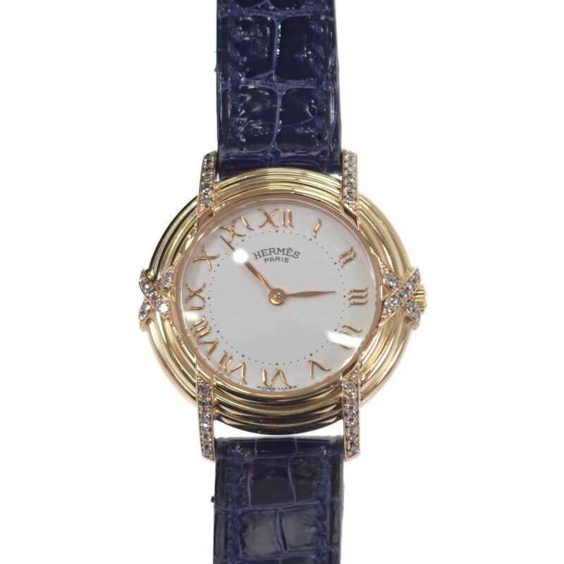 Hermes Ruban Lug Bezel Diamond Watch Yellow Gold Pink Navy Quartz White Dial