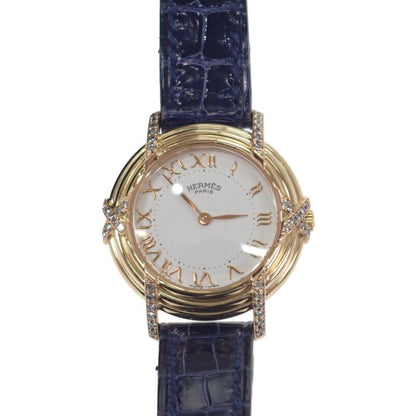 Hermes Ruban Lug Bezel Diamond Watch Yellow Gold Pink Navy Quartz White Dial