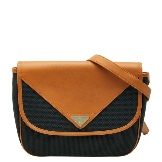 Saint Laurent Logo Plate Crossbody Shoulder Bag Navy Brown Leather