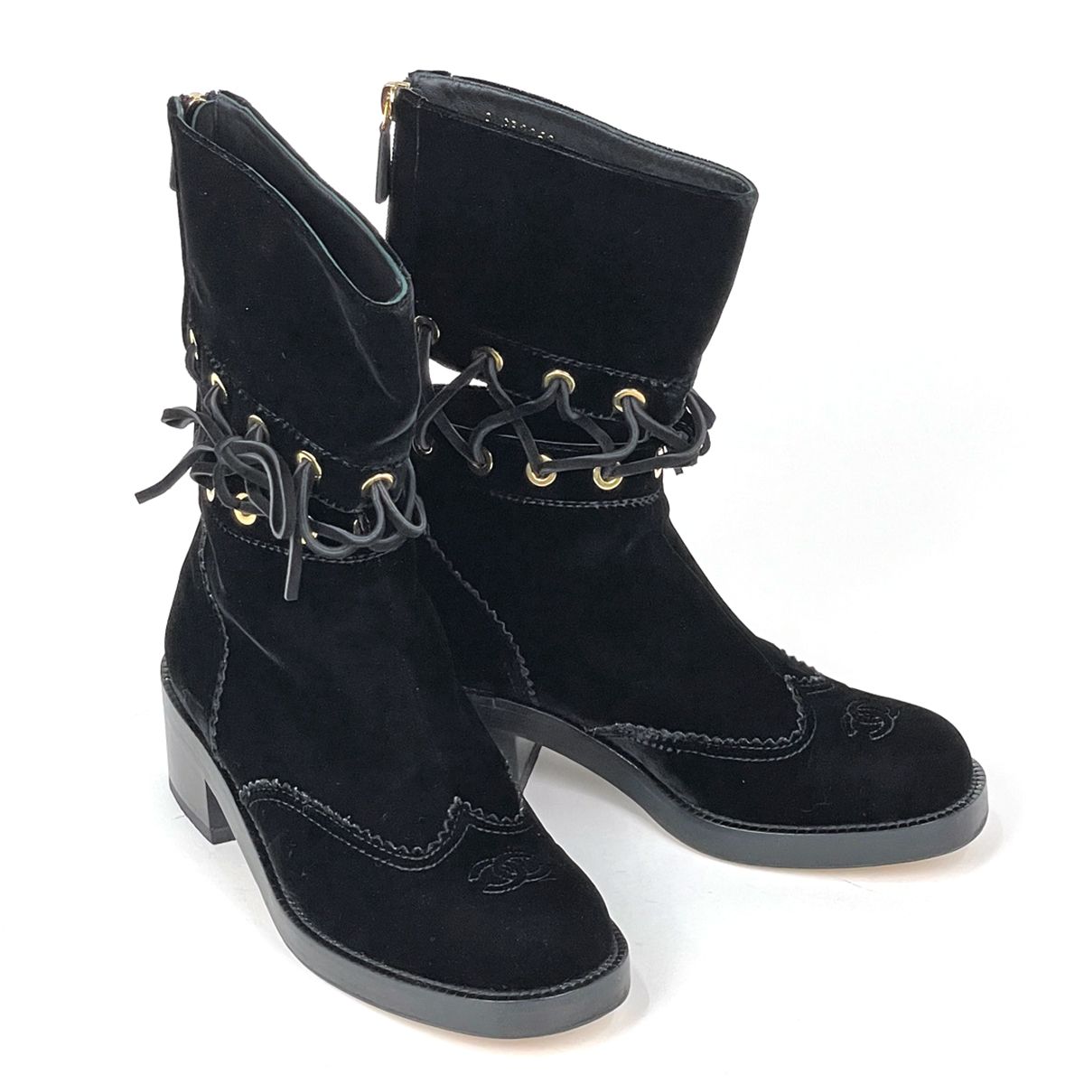 Chanel CC Logo Short Boots Shoes Velour Black — view 7