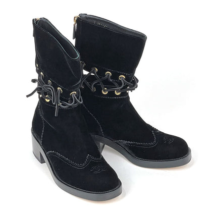 Chanel CC Logo Short Boots Shoes Velour Black — view 7