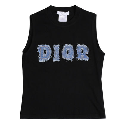 Dior Denim Logo Sleeveless Tank Top Galliano Era Fabric Fringe Y2k Black