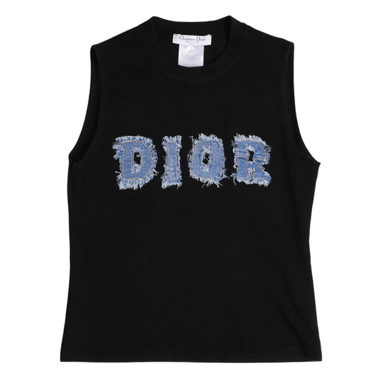 Dior Denim Logo Sleeveless Tank Top Galliano Era Fabric Fringe Y2k Black