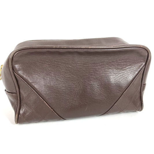 Chanel Clutch Quilted Logo Leather Brown