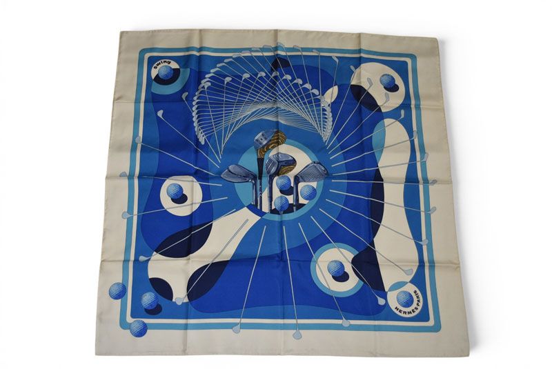 Hermes Carre 90 Scarf Swing Golf Club Vintage White Blue