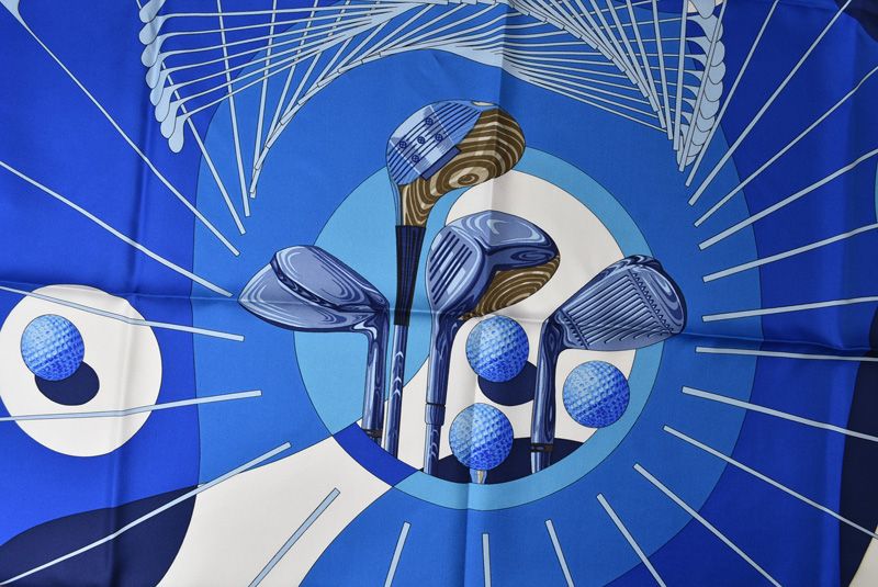 Hermes Carre 90 Scarf Swing Golf Club Vintage White Blue — view 5