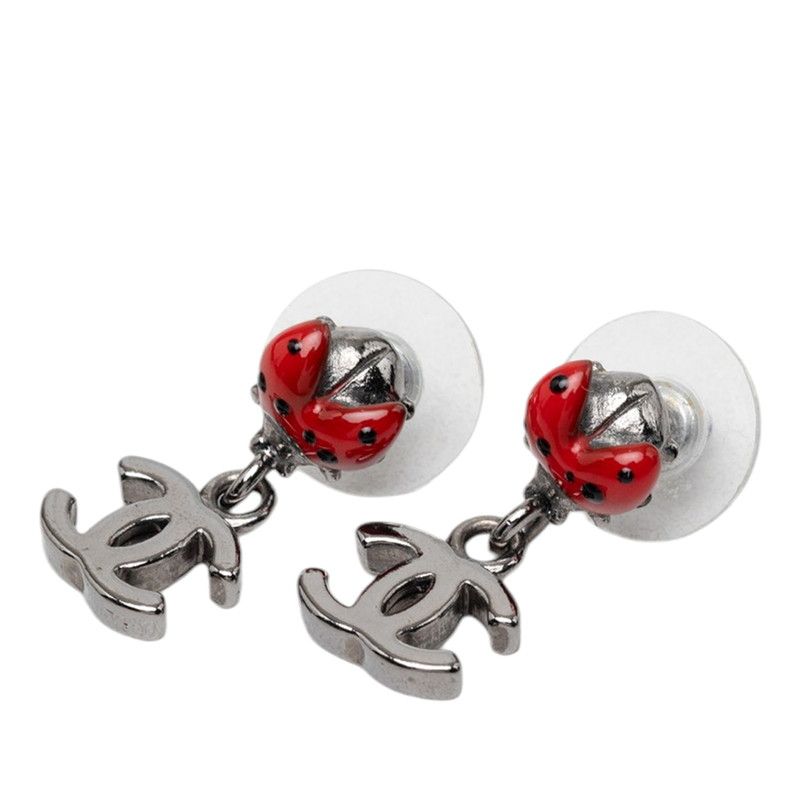 Chanel CC Logo Ladybug Motif Stud Earrings Swing Silver Red Metal