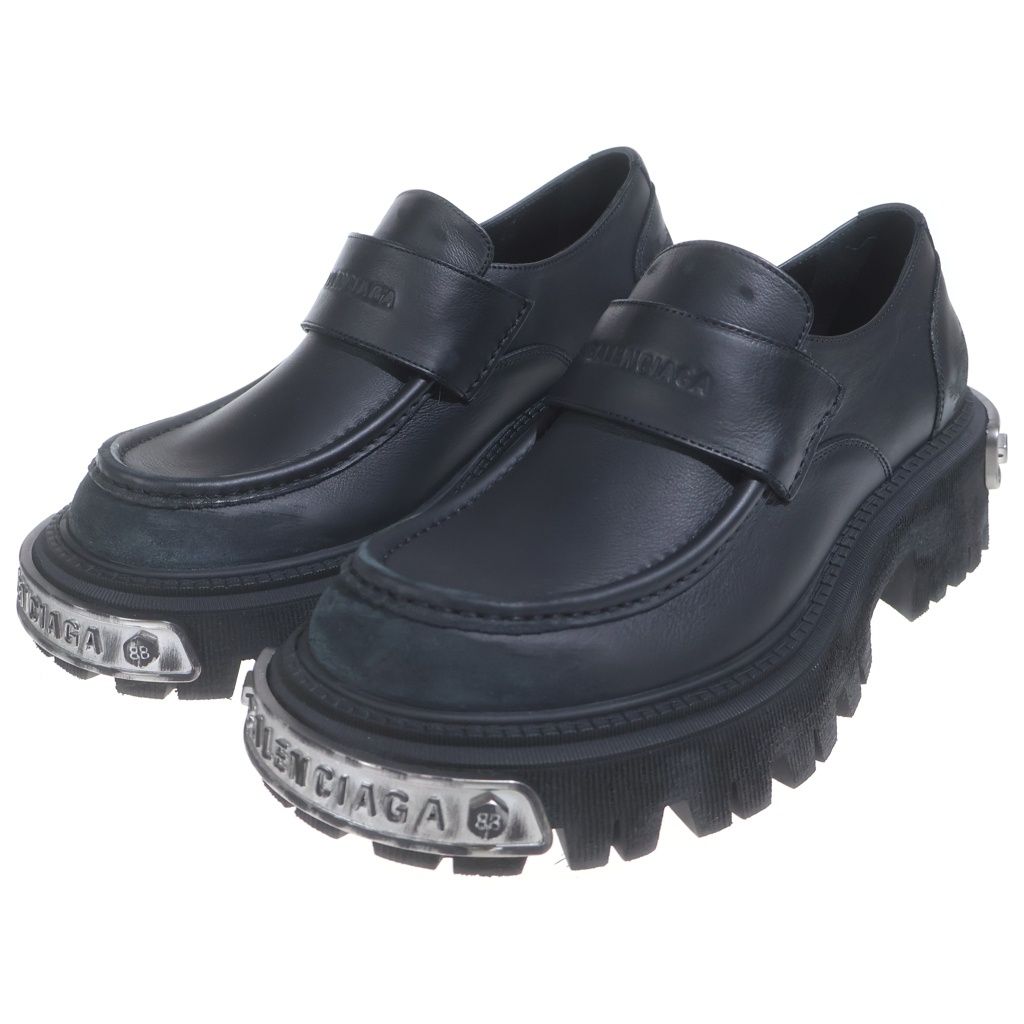 Balenciaga Tractor Loafers Distressed Leather Shoes with Loafers Plate Black — view 2