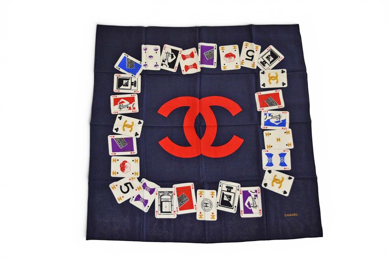 Chanel Scarf Shawl Vintage CC Logo CC Playing Cards Pattern Silk Navy