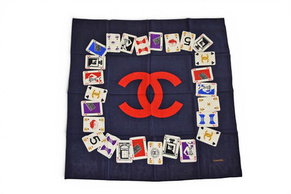 Chanel Scarf Shawl Vintage CC Logo CC Playing Cards Pattern Silk Navy