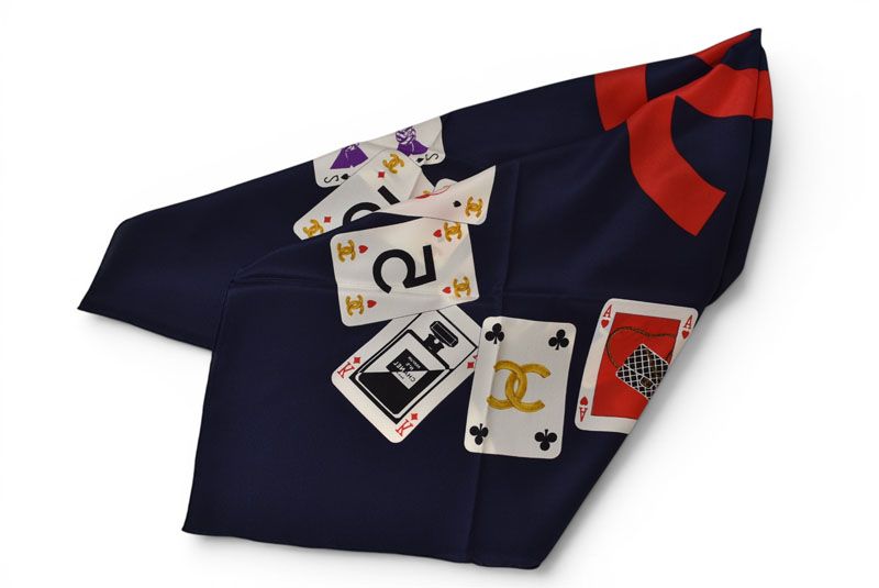 Chanel Scarf Shawl Vintage CC Logo CC Playing Cards Pattern Silk Navy — view 3