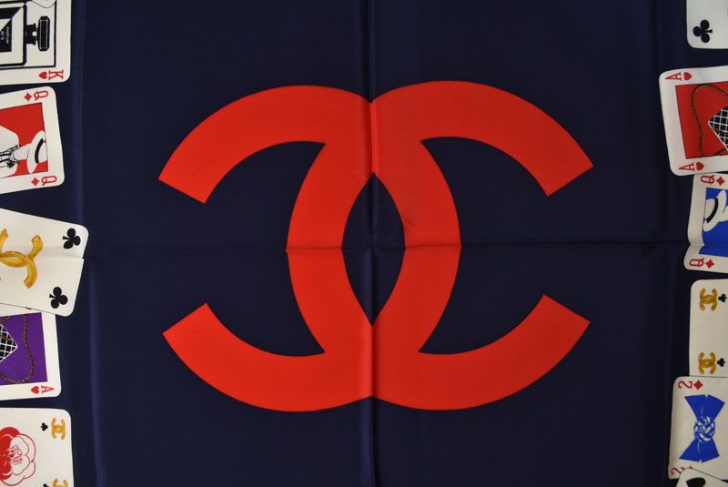 Chanel Scarf Shawl Vintage CC Logo CC Playing Cards Pattern Silk Navy — view 5