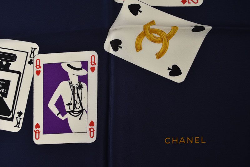 Chanel Scarf Shawl Vintage CC Logo CC Playing Cards Pattern Silk Navy — view 6