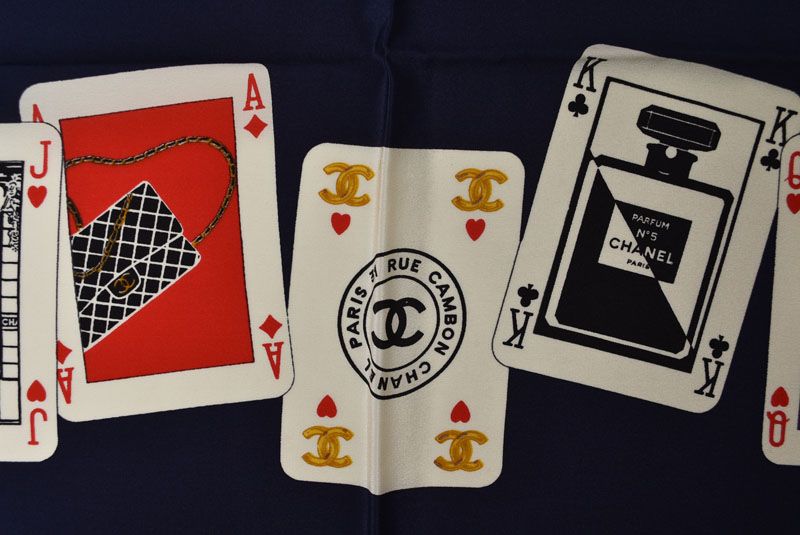 Chanel Scarf Shawl Vintage CC Logo CC Playing Cards Pattern Silk Navy — view 7