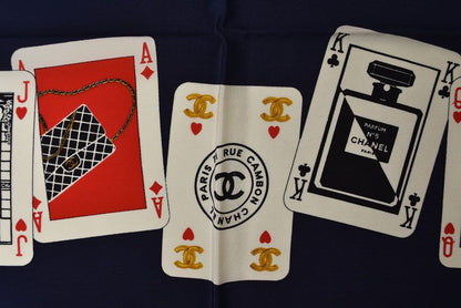 Chanel Scarf Shawl Vintage CC Logo CC Playing Cards Pattern Silk Navy — view 7