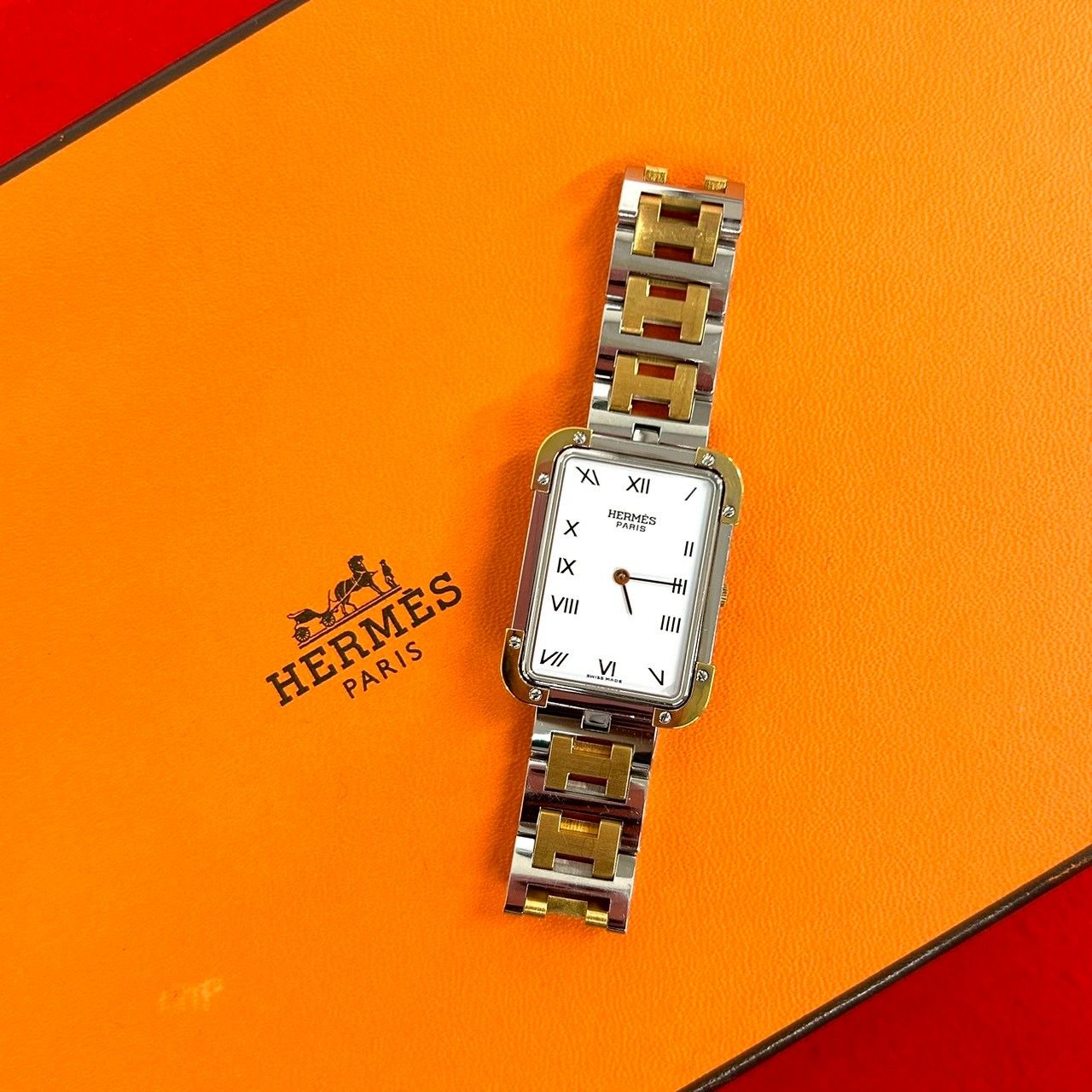 Hermes Vintage Croajour Logo Stainless Steel Watch Wrist Gold Silver