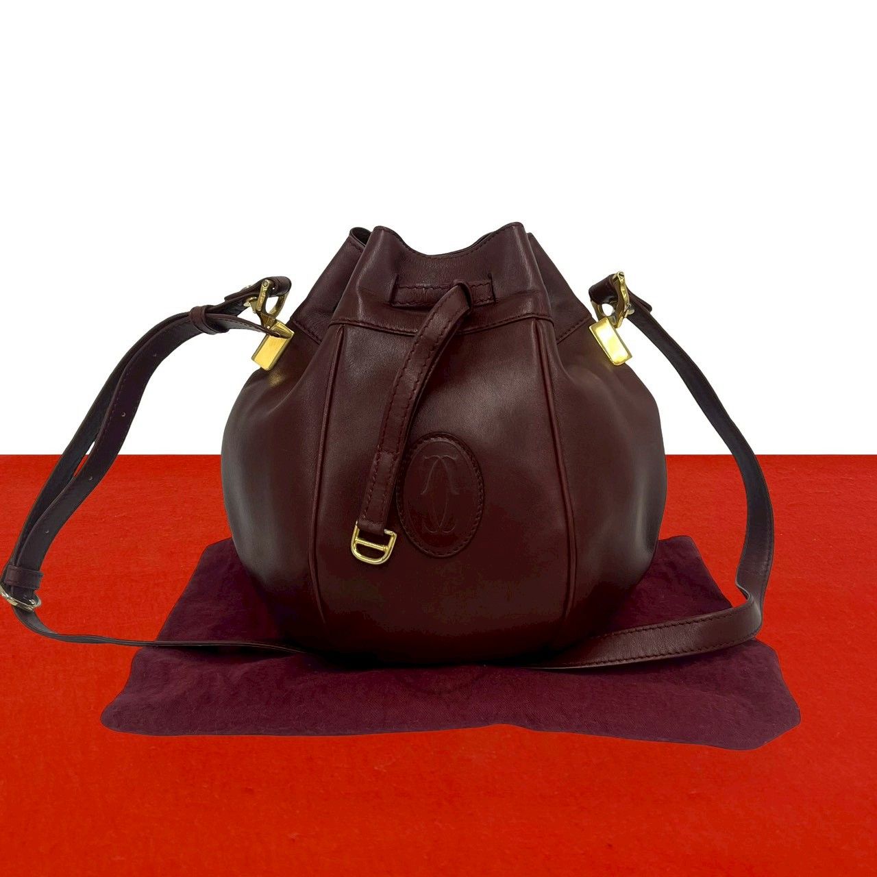 Cartier Vintage Must Line Logo Leather Drawstring Shoulder Bag Pochette