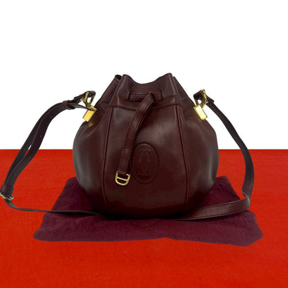Cartier Vintage Must Line Logo Leather Drawstring Shoulder Bag Pochette