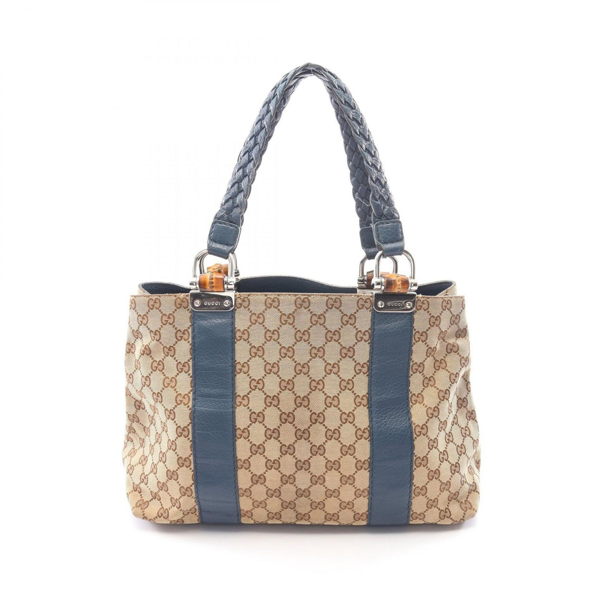 Gucci Tote Bag Bamboo GG Canvas Beige Blue