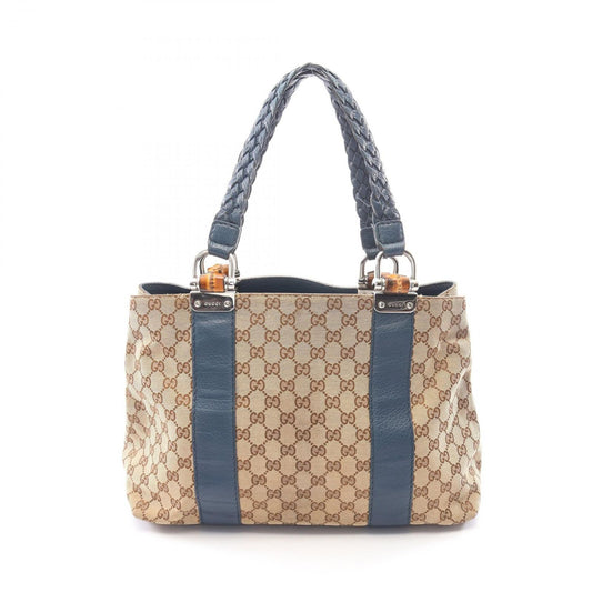 Gucci Tote Bag Bamboo GG Canvas Beige Blue
