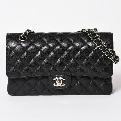 Chanel Quilted 25 Double Flap Chain Shoulder Bag CC Logo Caviar Leather Black