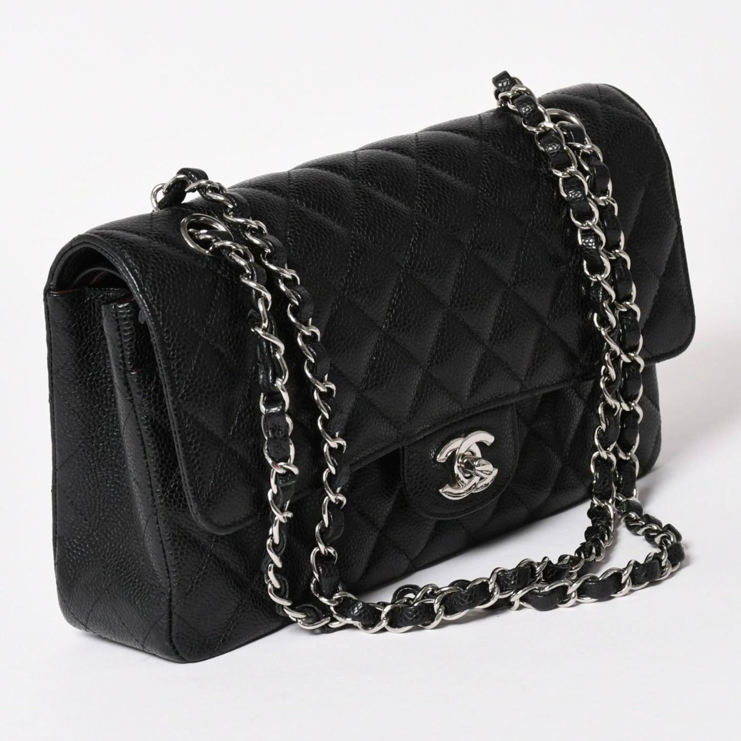 Chanel Quilted 25 Double Flap Chain Shoulder Bag CC Logo Caviar Leather Black — view 3