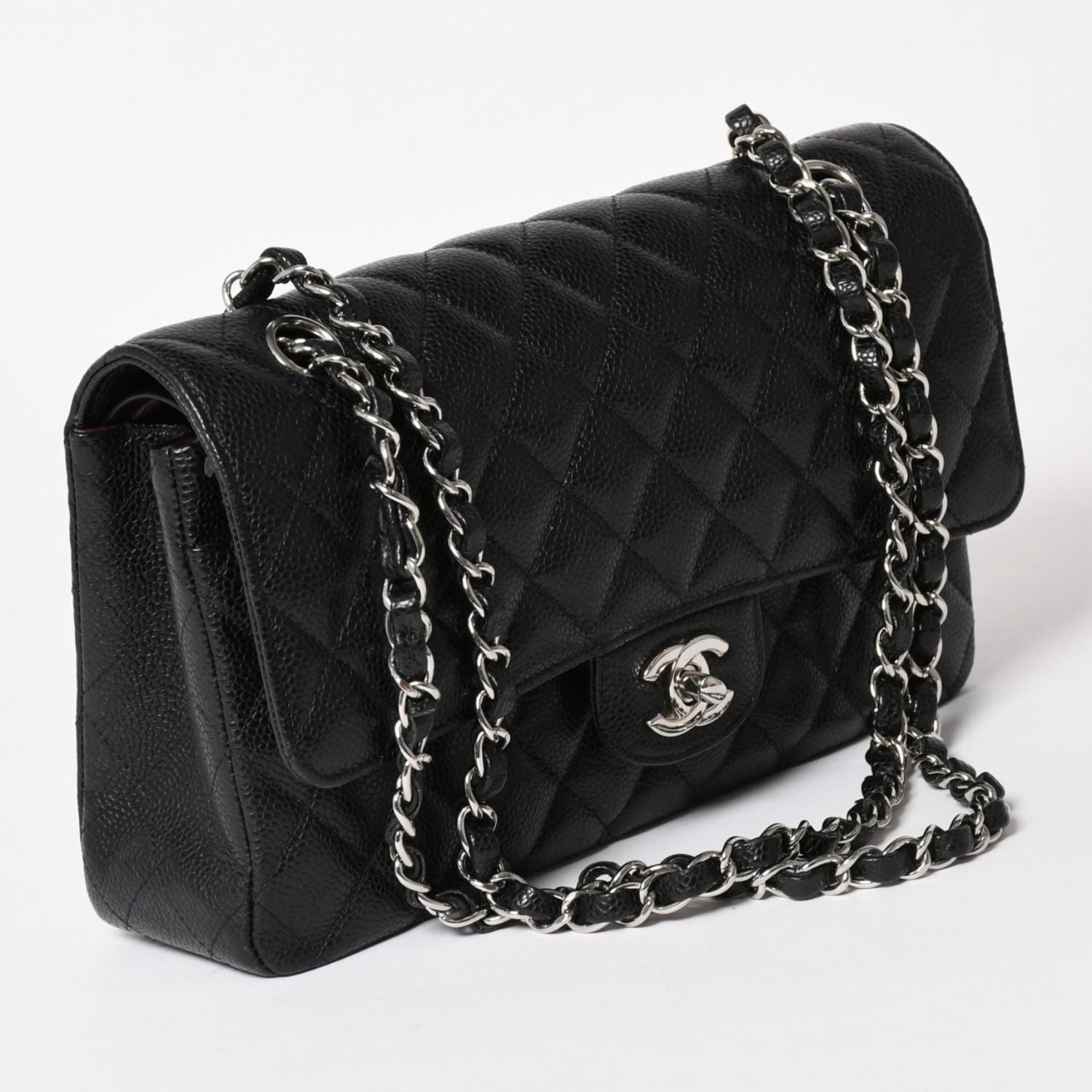 Chanel Quilted 25 Double Flap Chain Shoulder Bag CC Logo Caviar Leather Black — view 3