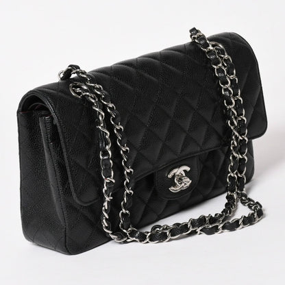 Chanel Quilted 25 Double Flap Chain Shoulder Bag CC Logo Caviar Leather Black — view 3