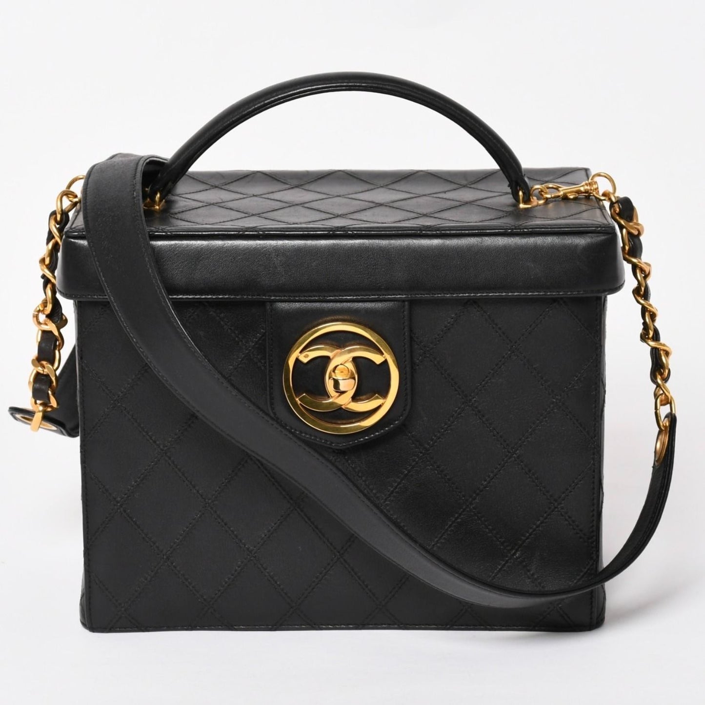 Chanel Bicolor Vanity Bag Handbag CC Logo Lambskin Black Gold