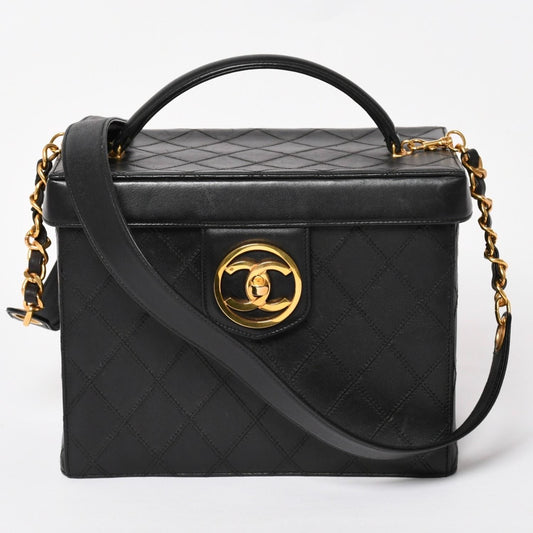 Chanel Bicolor Vanity Bag Handbag CC Logo Lambskin Black Gold