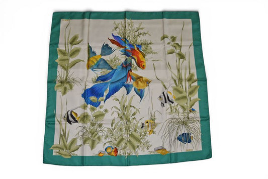 Gucci Scarf Vintage Silk Tropical Fish Motif Green White