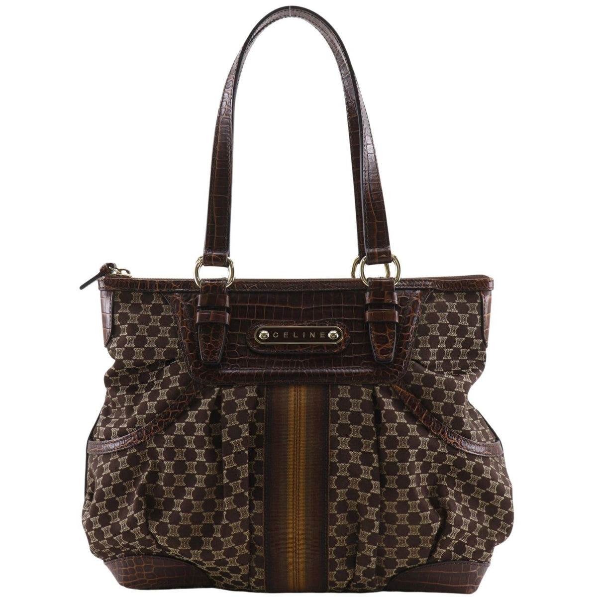 Celine Macadam Pattern Embossed Leather Nylon Brown Tote Bag
