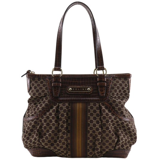 Celine Macadam Pattern Embossed Leather Nylon Brown Tote Bag