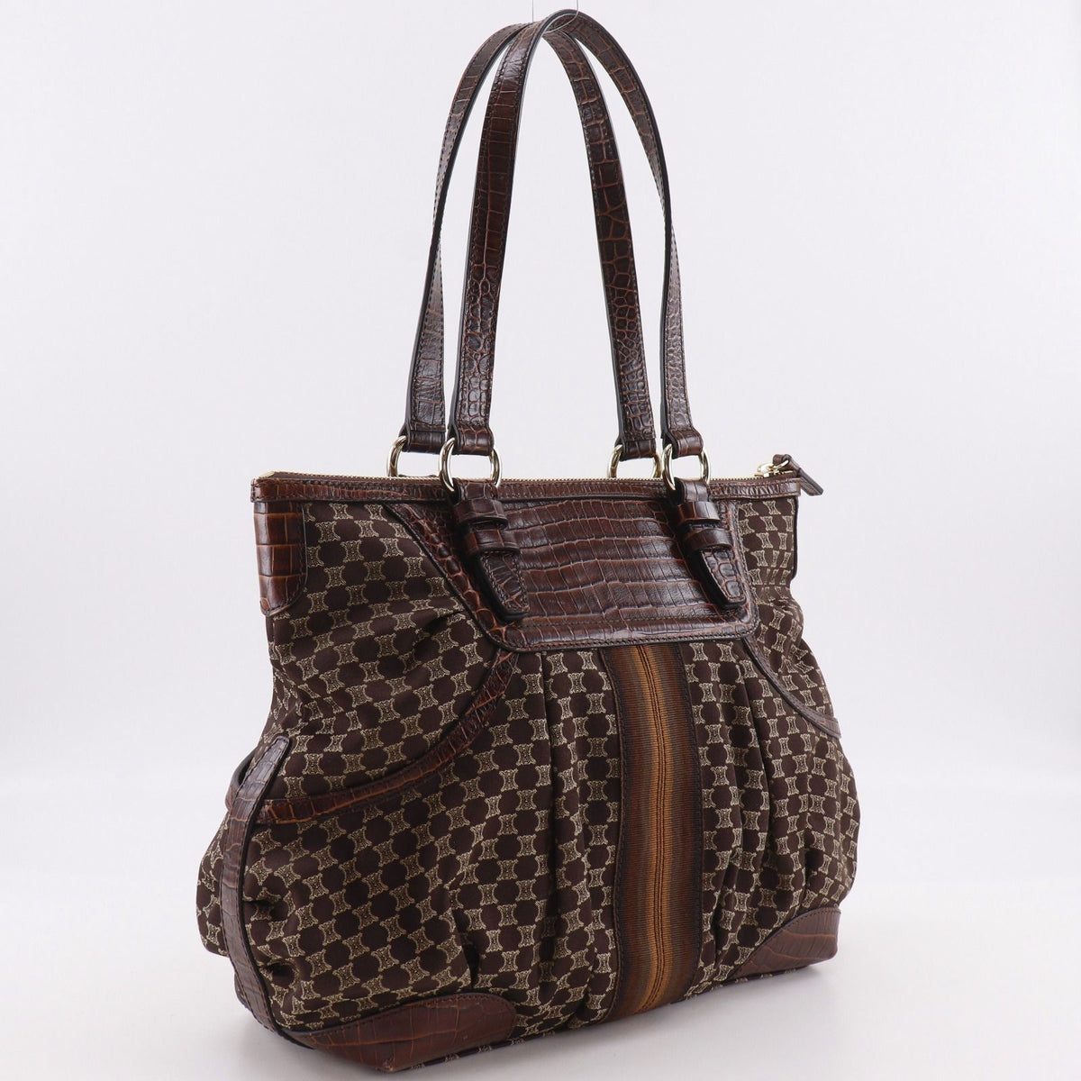 Celine Macadam Pattern Embossed Leather Nylon Brown Tote Bag — view 3
