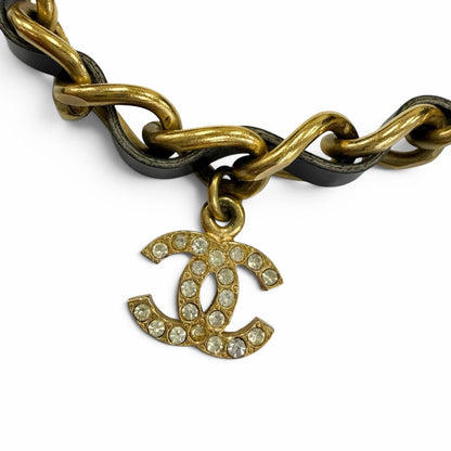 Chanel 96P Vintage Leather CC Logo Rhinestone Chain Belt Choker Necklace Gold