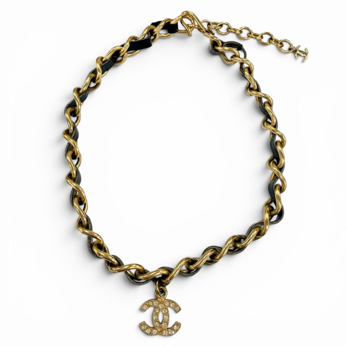 Chanel 96P Vintage Leather CC Logo Rhinestone Chain Belt Choker Necklace Gold — view 3