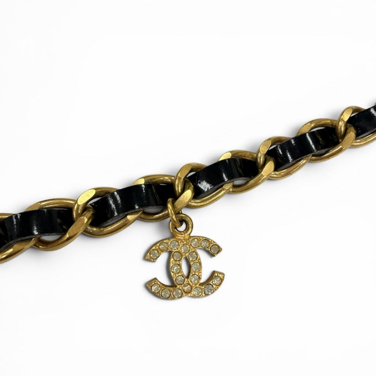Chanel 96P Vintage Leather CC Logo Rhinestone Chain Belt Choker Necklace Gold — view 5