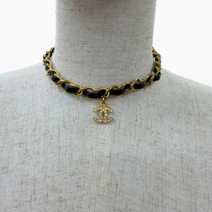 Chanel 96P Vintage Leather CC Logo Rhinestone Chain Belt Choker Necklace Gold — view 4