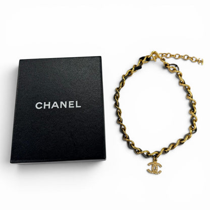 Chanel 96P Vintage Leather CC Logo Rhinestone Chain Belt Choker Necklace Gold — view 2