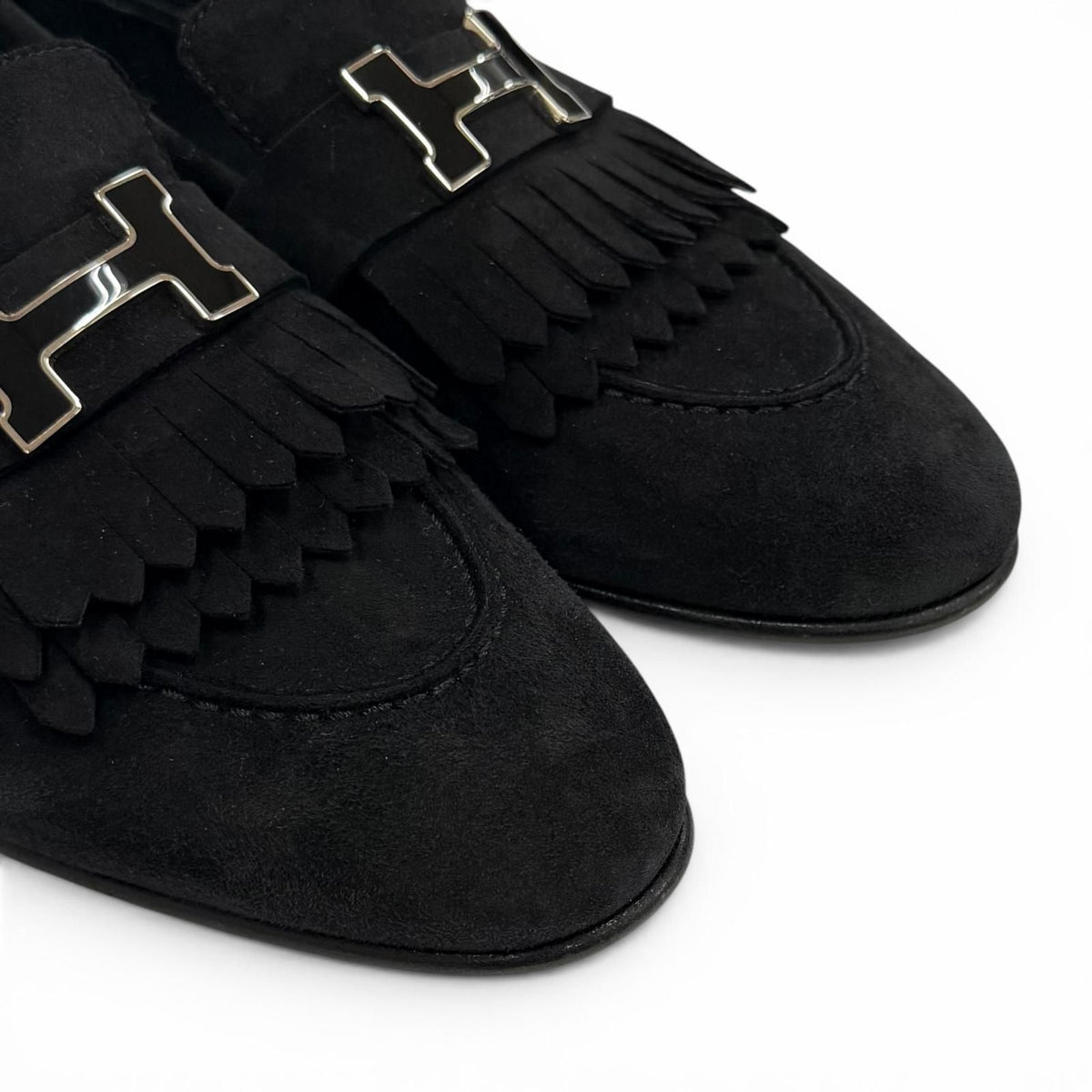 Hermes Moccasins Royale Silver Logo Plate Suede Leather Loafers Black — view 8