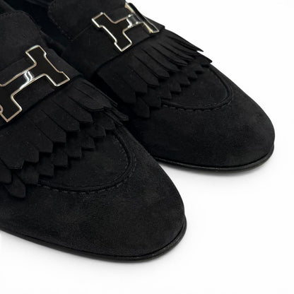 Hermes Moccasins Royale Silver Logo Plate Suede Leather Loafers Black — view 8