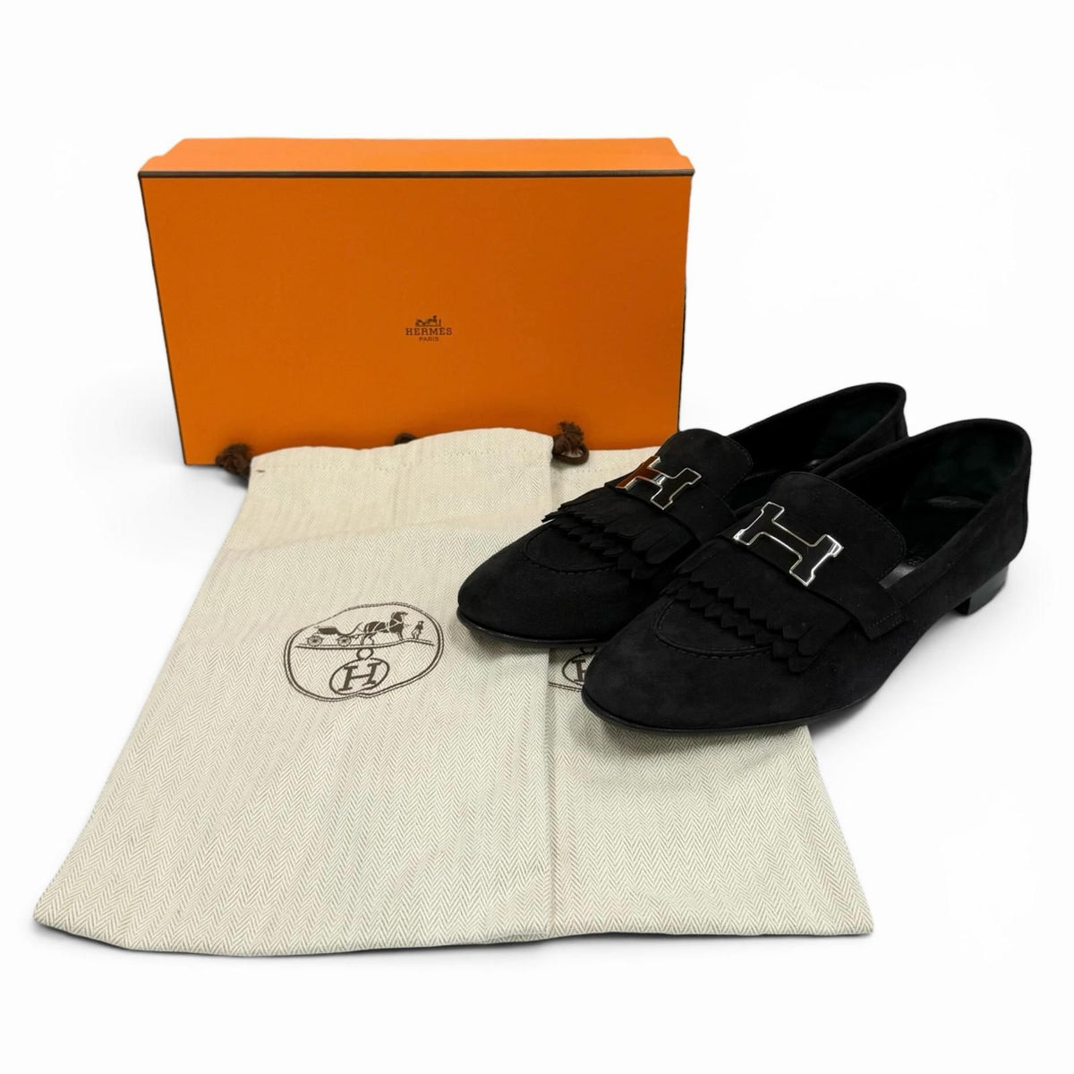 Hermes Moccasins Royale Silver Logo Plate Suede Leather Loafers Black — view 2