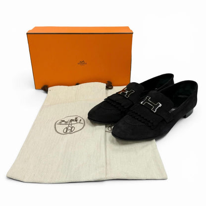 Hermes Moccasins Royale Silver Logo Plate Suede Leather Loafers Black — view 2