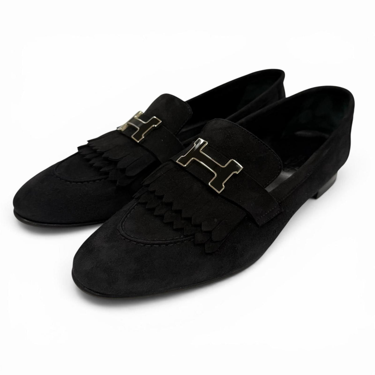 Hermes Moccasins Royale Silver Logo Plate Suede Leather Loafers Black
