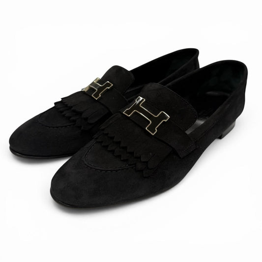 Hermes Moccasins Royale Silver Logo Plate Suede Leather Loafers Black