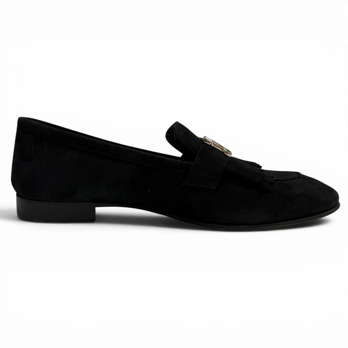 Hermes Moccasins Royale Silver Logo Plate Suede Leather Loafers Black — view 6